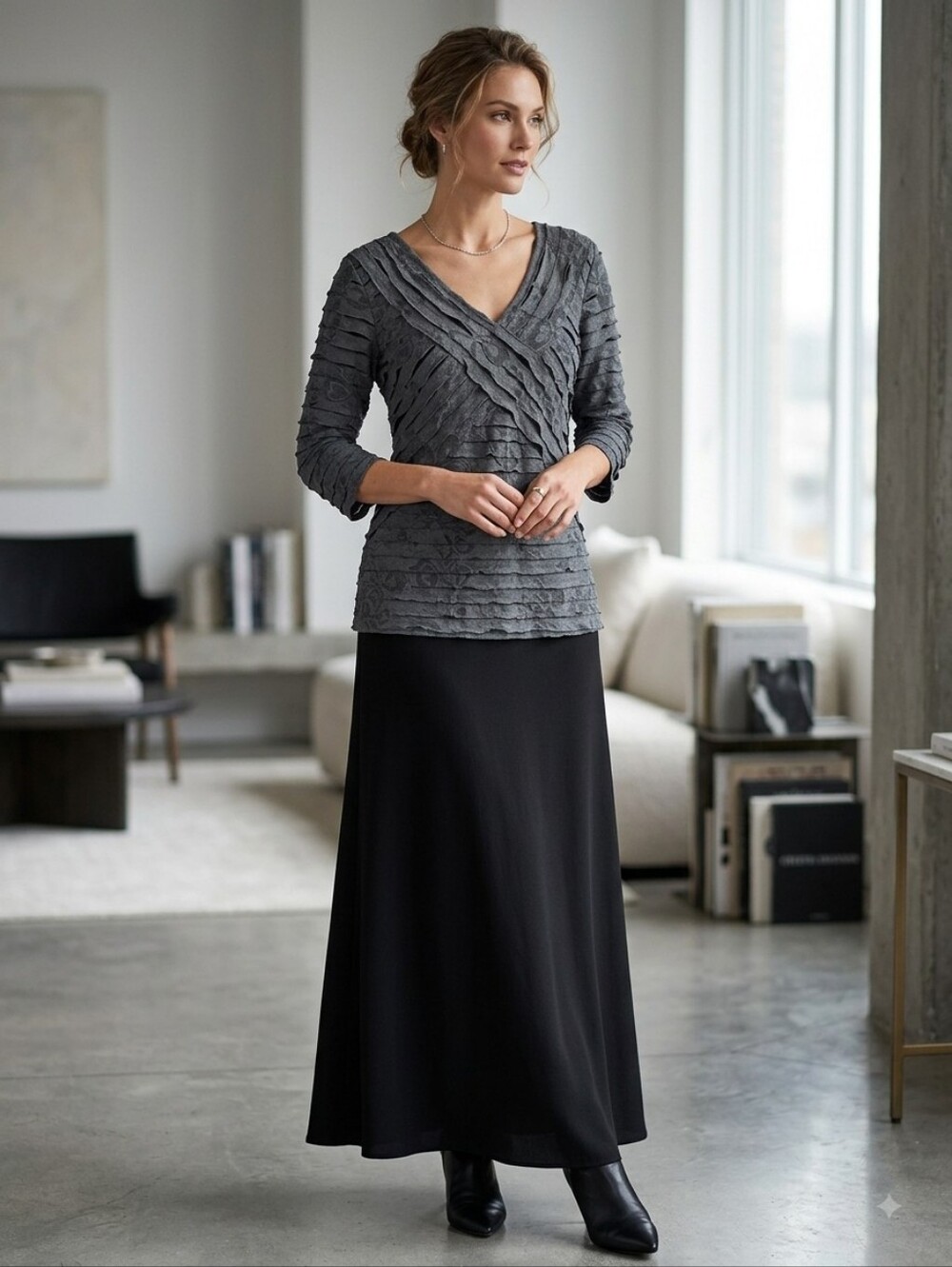 Textured V-Neck Layered Gray Women's Dress Top